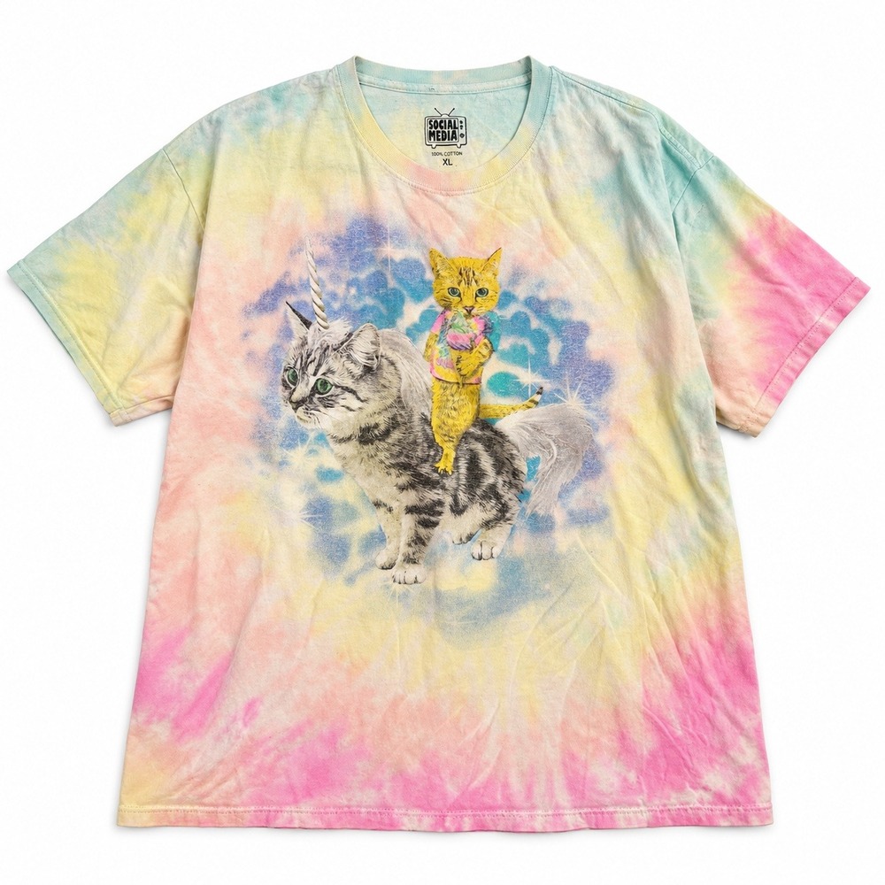 Cat Riding Unicorn Tie Dye Graphic T-Shirt XL Pastel Rainbow Tee Kitty Meow Cozy